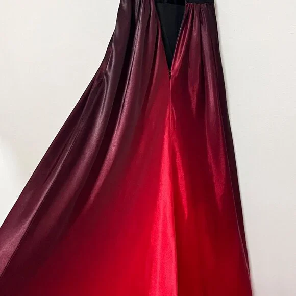 Two-Tone Black & Red Sleeveless Maxi Gown With Sheer Mesh Waist Detail And Gradi - Picture 15 of 15